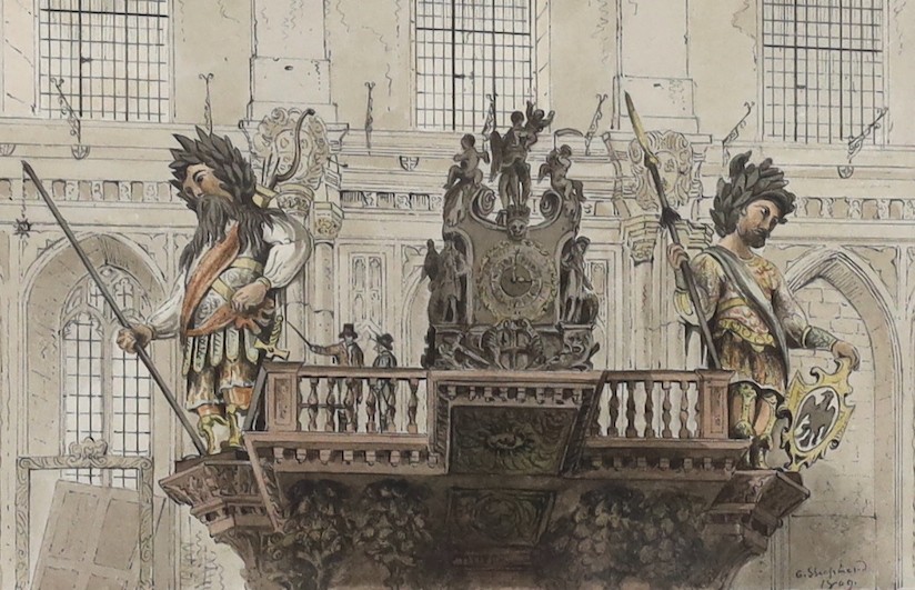 George Sidney Shepherd (1784-1862), ink and watercolour, ‘Gog and Magog in the Guildhall in 1809’, signed and dated 1809, 10.5 x 17cm.